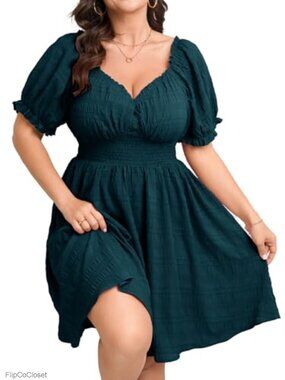 Plus Size Crinkle Fabric Sun Dress Puff Sleeve Sweetheart Neckline Smocked Mini